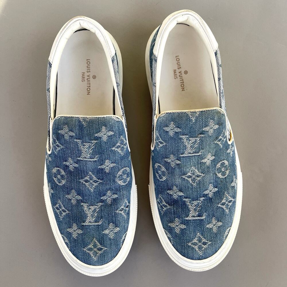 Louis Vuitton Trocadero Blue Denim Monogram And White Leather Trainers UK Mens 7